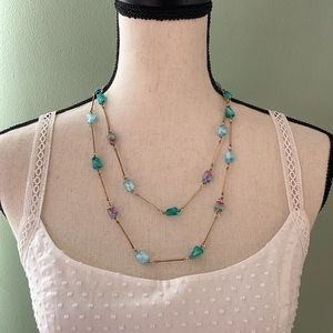 [Vintage] Venetian Murano Glass Bead and Gold Tone Bar Long Necklace